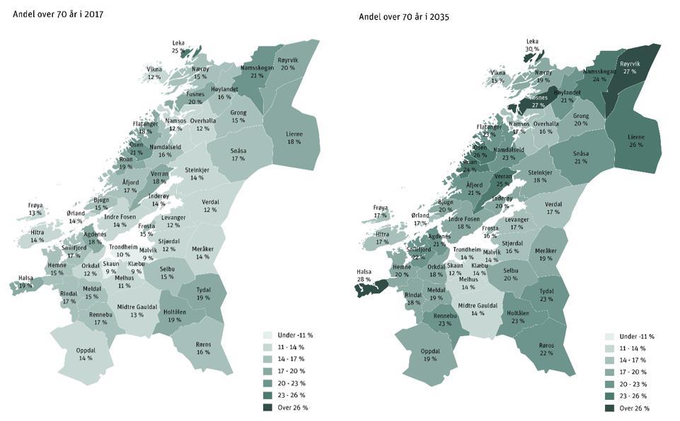 Figur 3: Andel over 70 år i 2017 (t.v.) og 2035 (t.h.