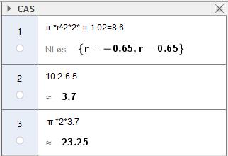 I en annen torus er R 10, cm. Torusen har volum V 8,6 L. b) Bestem omkretsen av sirkelen med radius AB. Vi løser likningen i CAS i GeoGebra for å finne r.