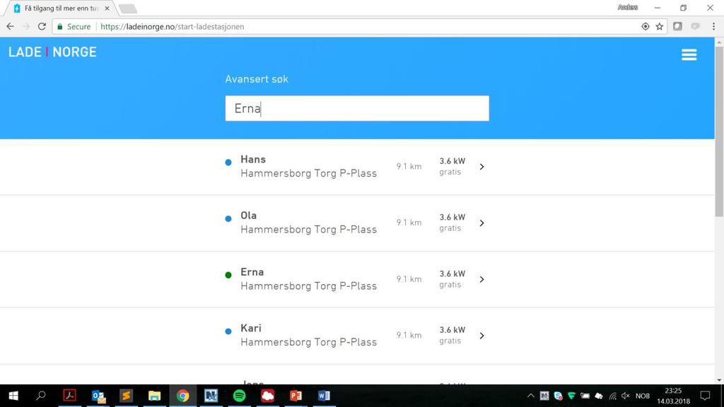 Start ladestasjonen Finn ladestasjon; de fleste ladestasjoner har et egetnavn/id som bruker kan