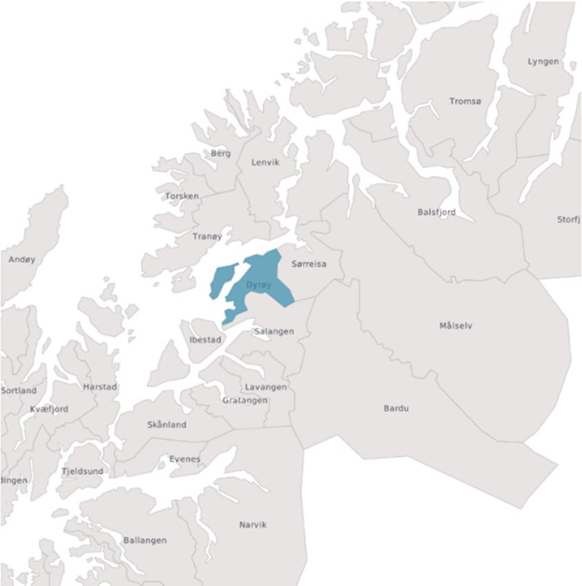 INNLEDNING OM DYRØY KOMMUNE Dyrøy kommune ligger i den sørlige halvdelen av Troms fylke mellom byene Finnsnes og Harstad. Kommunen har et innbyggertall på 11