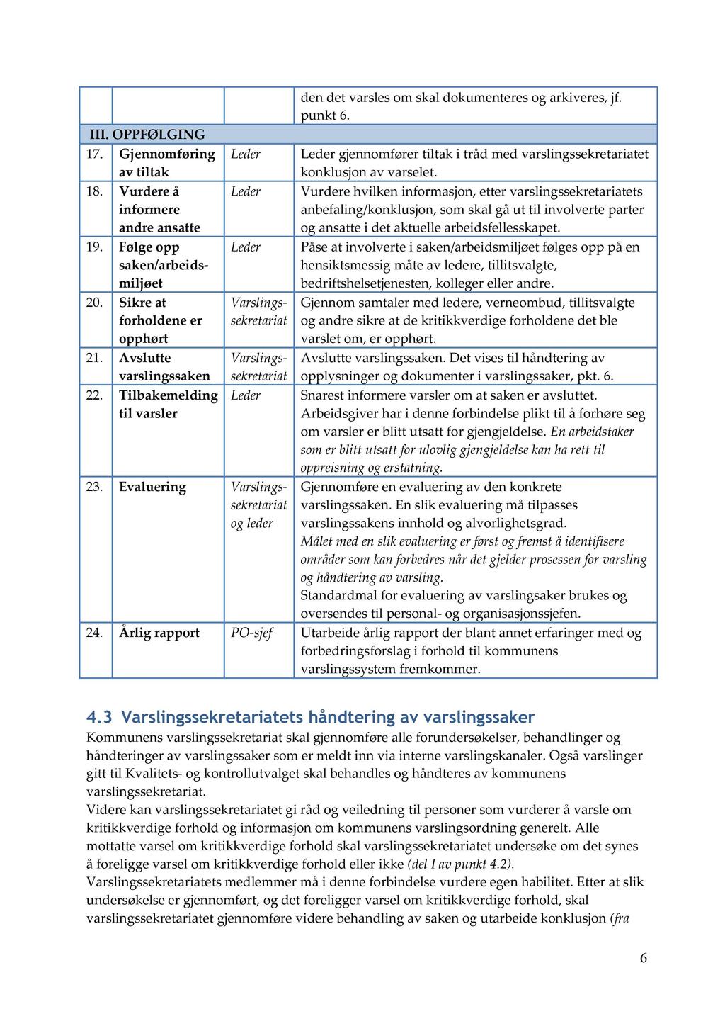 III. OPPFØLGING 17. Gjennomføring av tiltak 18. Vurdere å informere andre ansatte 19. Følge opp saken/arbeids - miljøet 20. Sikre at forholdene er opphørt 21. Avslutte varslingssaken 22.