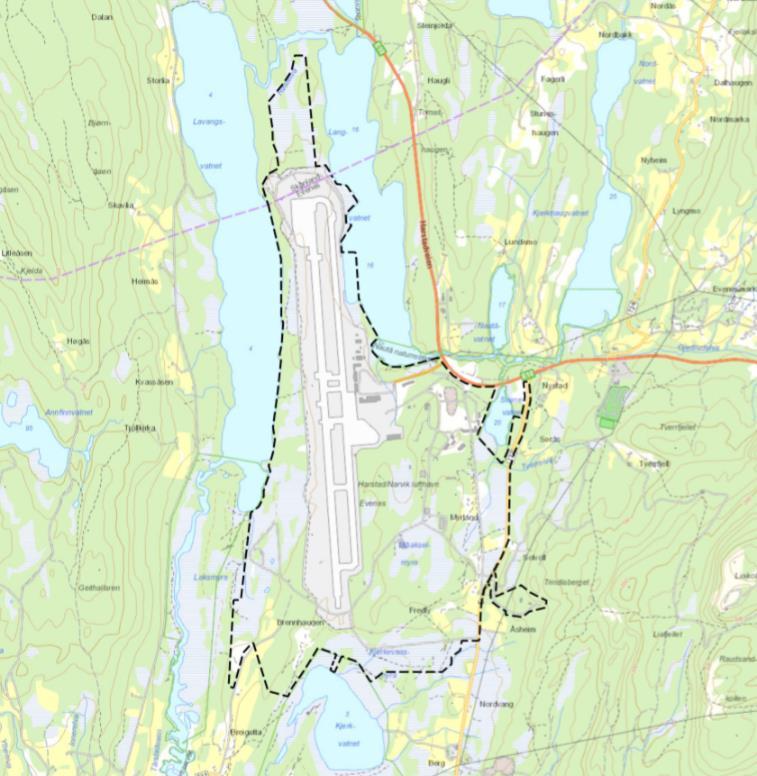 Figur 2-2: Planområdet for statlig reguleringsprosess Kilde: KVU Evenes flystasjon 2.1.4 Miljøvern Våtmarksområdene i Evenes og Skånland ble etablert som Ramsar-område 2 i 2011.