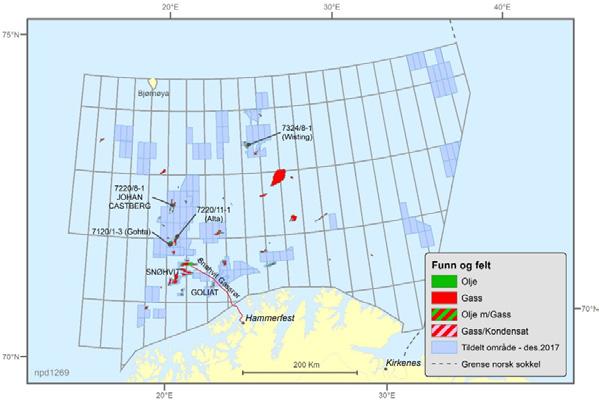 Figur 4.3 Aktive utvinningstillatelser, felt og funn i Barentshavet. Kilde: Oljedirektoratet Barentshavet sørøst ble åpnet for petroleumsvirksomhet i 2013, dette området omfatter 44 000 km 2.