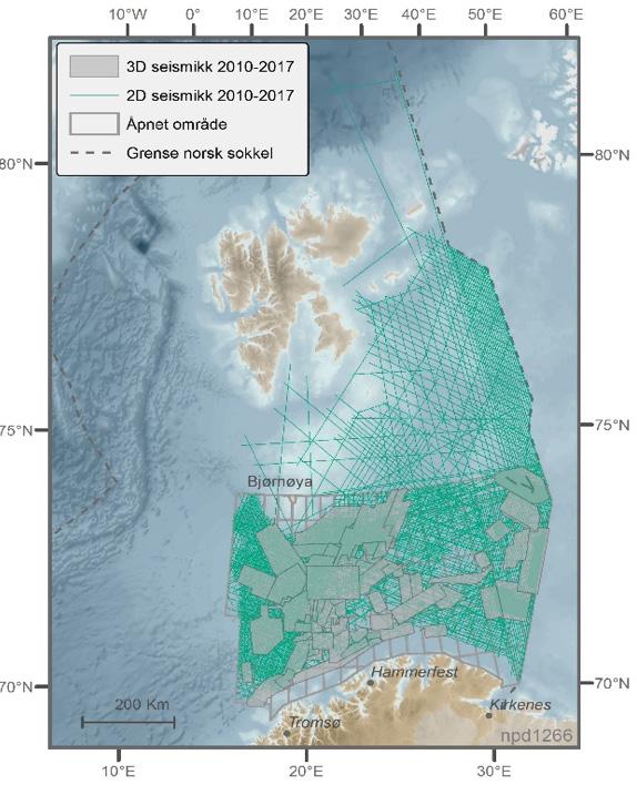 Figur 4.10 Seismisk innsamling i Barentshavet 2010-2017. Kilde: Oljedirektoratet 4.2.6 Aktivitet i særlig verdifulle og sårbare områder (SVO) Figur 4.