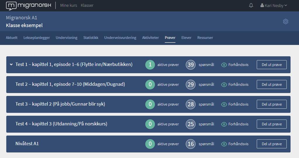 Etter at elevene har gjennomført kapittelprøven, kan lærer se resultater under fanen «Prøver».