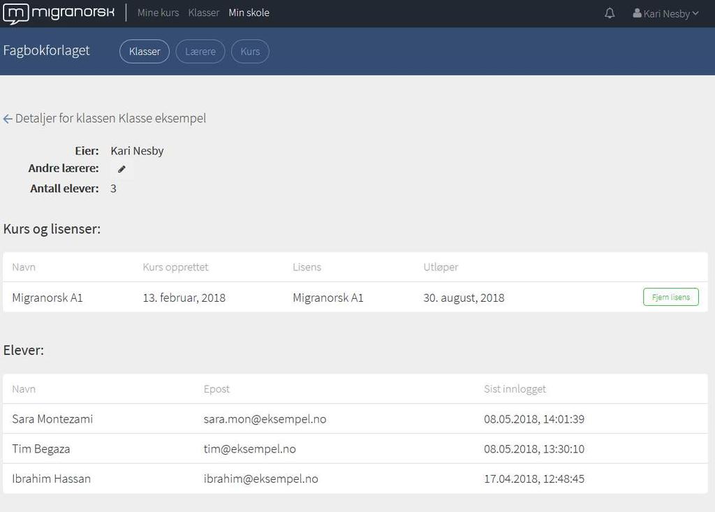 Du kan klikke på «Vis detaljer» og få mer informasjon om en klasse.
