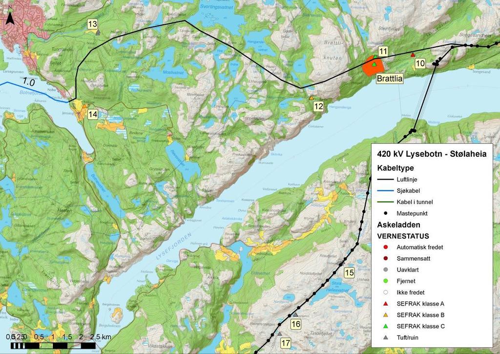 Ny 420 kv forbindelse Lyse Stølaheia som regionalt viktig kulturlandskap. Samlet vurdert til liten-middels verdi. Omfanget vurderes å være middels negativt i forhold til dagens situasjon. 12.