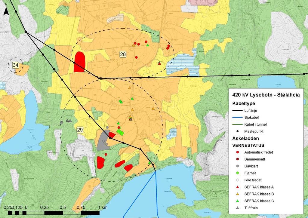 Figur 5.32. Detaljkartet viser at linjene i alternativ 4.0/4.1 krysser fornminnefelt i område 28. Hovland og Mæland, og tilsvarende for alternativ 5.0/5.1 ved område 29. Hogstad.