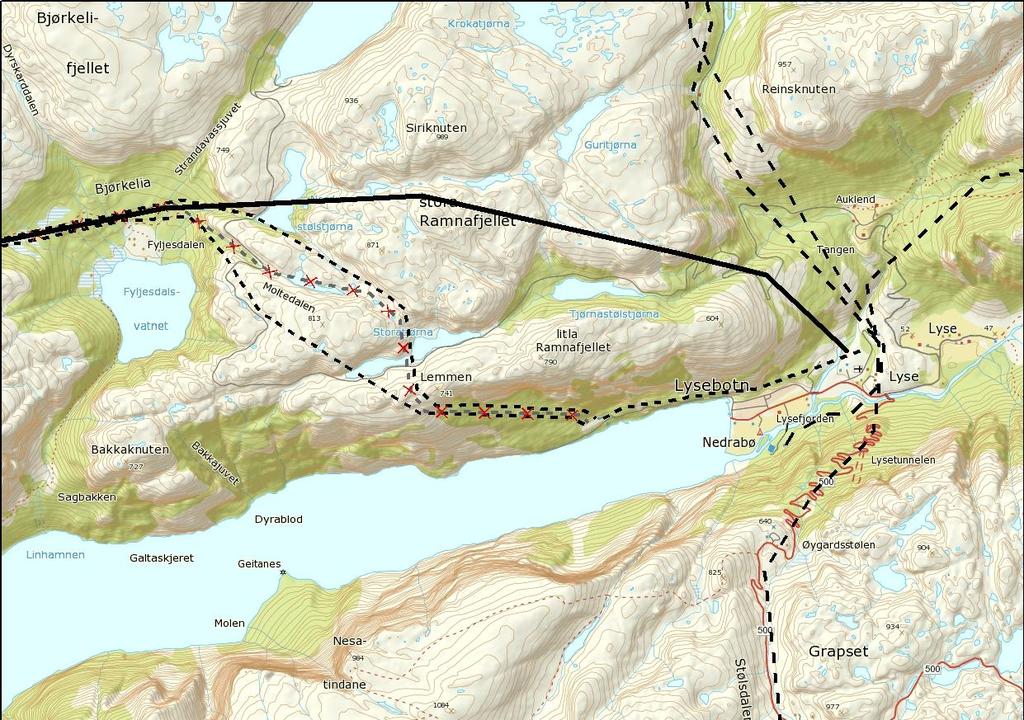 Figur 4.3. Trase fra Lyse mot Fyljesdalen. Lysebotn Tronsholen 2, som skal saneres, er vist med røde kryss på kartet.