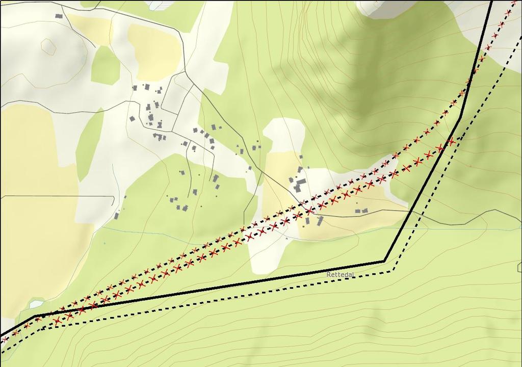 Ved bolighus og gårdsbruk på Rettedal er det trangt, og ny 420 kv forbindelse er her lagt i en trase øst for eksisterende bebyggelse.