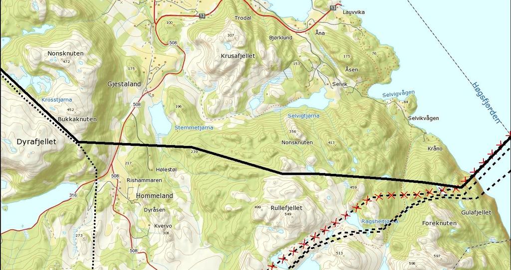 0 Bjøra Skjørestadfjellet Etter fjordkryssingen av Høgsfjorden vinkler alternativet bort fra eksisterende 132 kv trase, og går i en ny trase mot Dyrafjellet (figur 4.12).