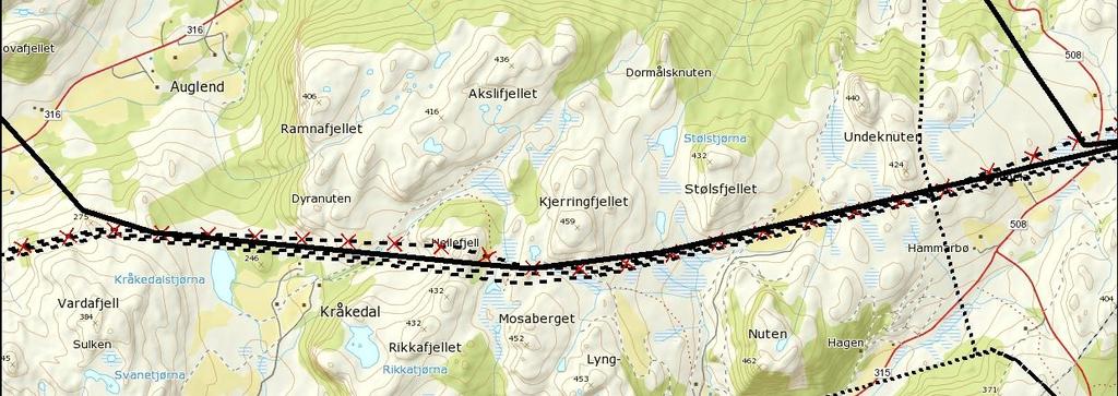 Figur 4.17. Eksisterende 132 kv trase Lysebotn Tronsholen 2 (markert med røde kryss) samt ny 420 kv trase mellom Seldal og Sporaland i Sandnes kommune. 4.5.8. Alternativ 5.