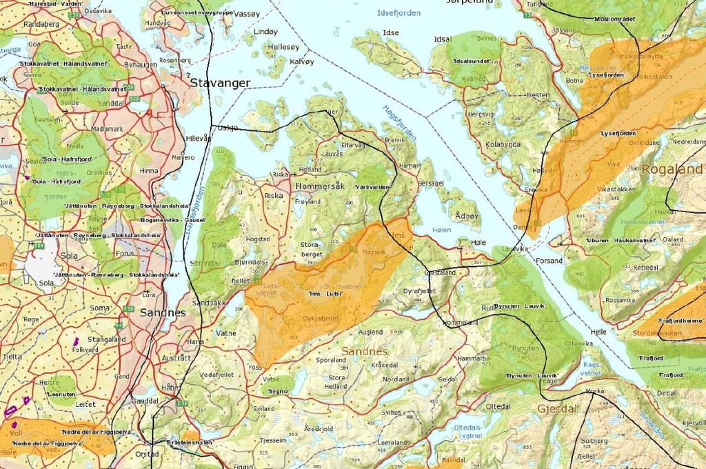 Figur 5.5. Resultater fra rapporten Vakre landskap i Rogaland. Områder markert med gul farge er gitt meget høy landskapsverdi/nasjonale interesser (****).