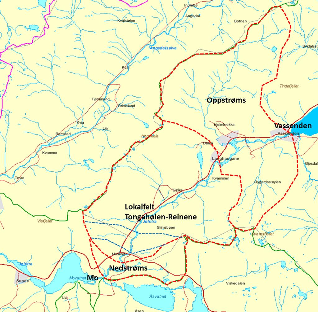 Figur 20. Lokale nedbørfelt fra Vassenden til Mo (felt til Stakaldefoss med stiplete blå linjer). Tabell 4 Elvestrekninger og viktige kontrollpunkt.