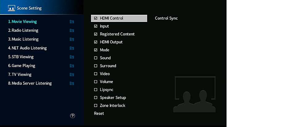 Scene Konfigurerer scene-innstillinger. Video Volume Lipsync Video Mode (s.43), Video Adjustment (s.3) Master Volume (s.74) Lipsync (s.), forsinkelse (s.