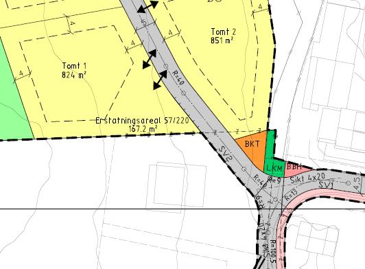 Saksbehandlers vurderinger: Veien som er innregulert på gnr. 57 bnr. 220 ser ut til å komme tett på adkomstveiene til denne eiendommen. Det ser ut til å være en høydeforskjell på opptil 5 meter.