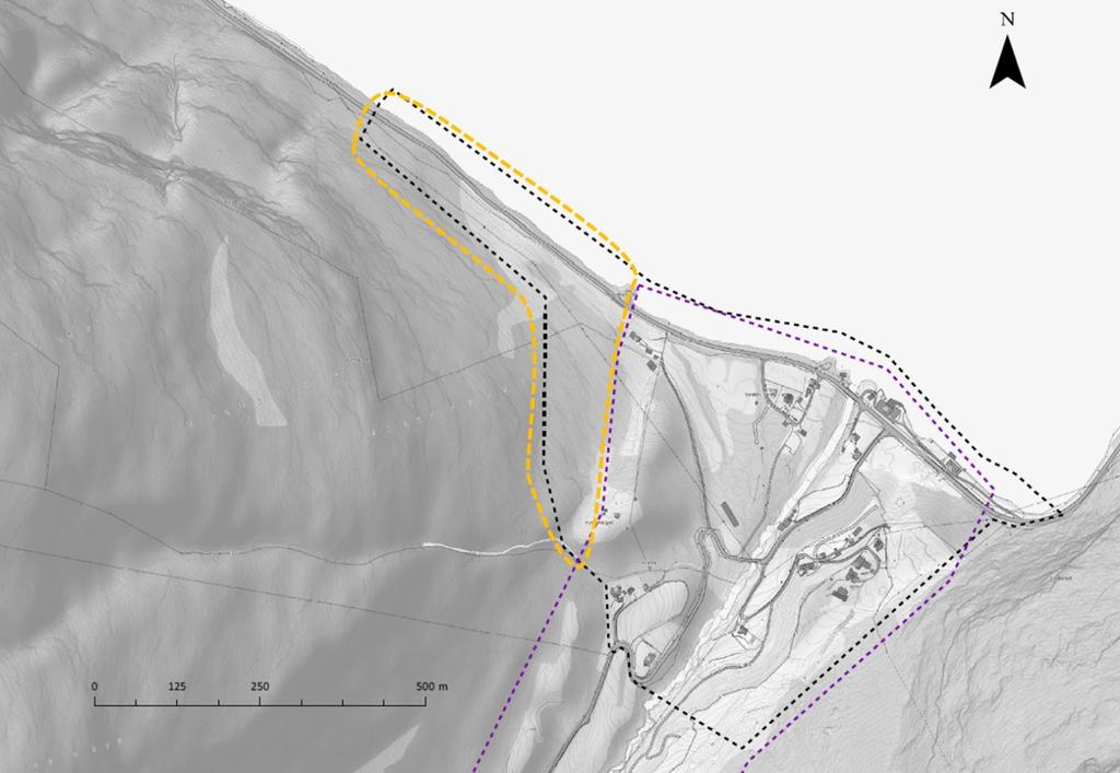 Figur 1. Oversiktskart for lokasjonen til det aktuelle kartleggingsområdet vist med gul stiplet linje.