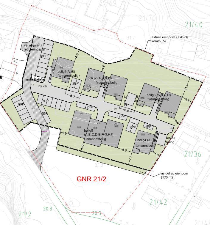 3. Planlagt situasjon Figur 3.1 viser nytt boligfelt for gnr 21 bnr 78 med 5 bygg. En mulighet er å legge VA ledninger i felles tilkomstveg for boligene.