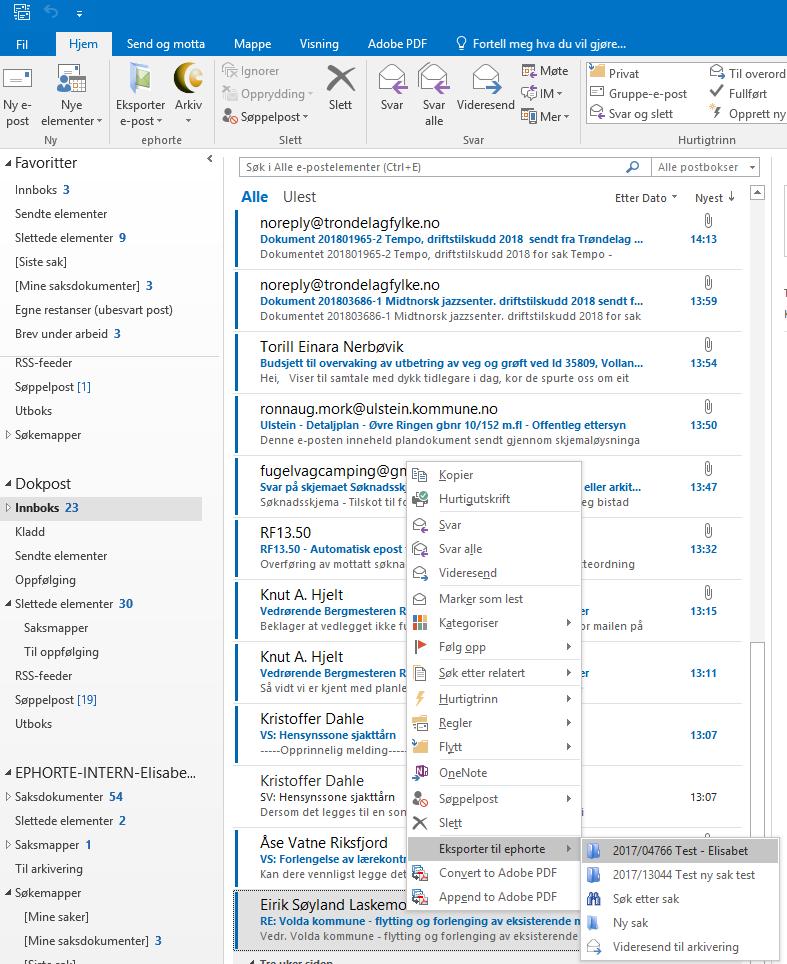 Overføre e-post til fra Outlook til ephorte 1. Høyreklikk på e-posten du ønsker å importere 2. Klikk Eksporter til ephorte.