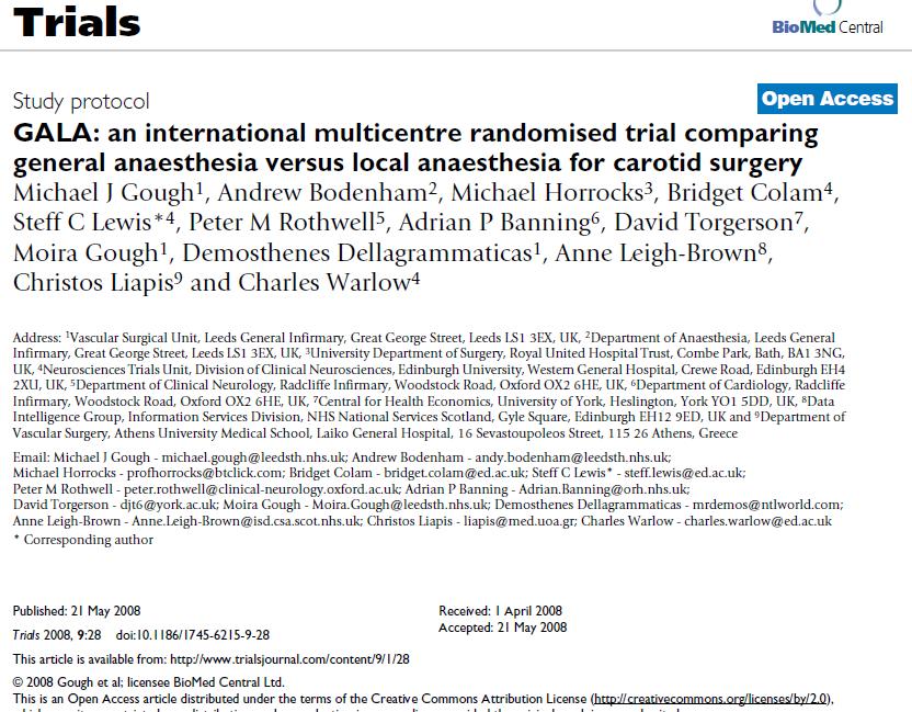 GALA 3500 pasienter Carotis TEA randomisert til generell anestesi eller lokal Ingen forskjell i harde endepunkter