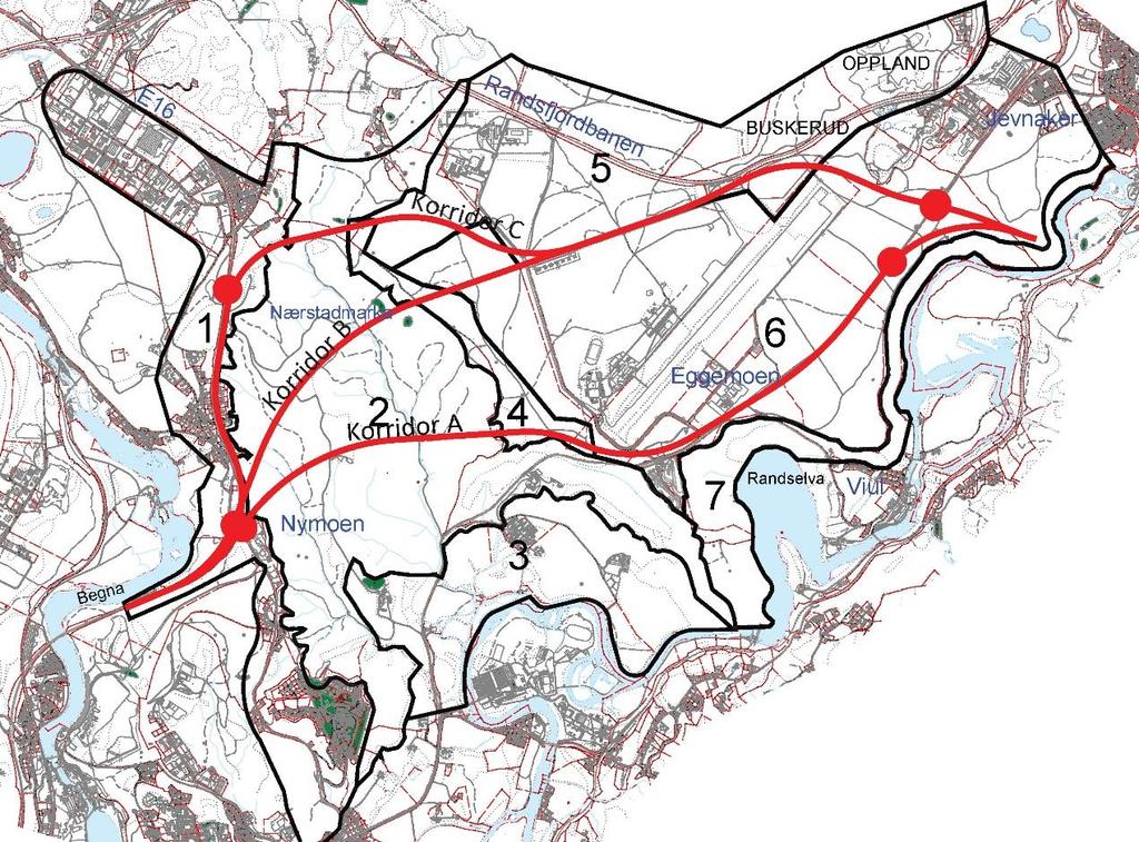 18 Temarapport landskapsbilde Figur 5 Kartet viser inndeling av delområder av landskapsbildet og de tre aktuelle korridorene for ny E16 gjennom planområdet.