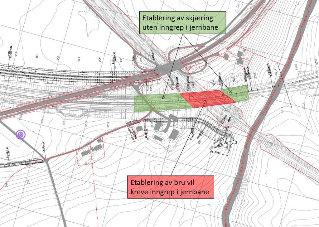 Byggegropetablering for brua vil berøre jernbanen i området mellom ca. P8495 og P8565 (rød skravur på planskisse).