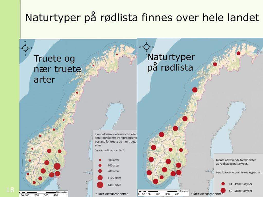 På kartet til venstre, som er hentet fra Norsk rødliste for arter 2010, ser vi hvor de truete og nær truete artene i Norge befinner seg (totalt 3682 arter).