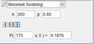 Oppgave 3 (6 poeng) På en frøpose står det at spireevnen er 85 %. Det er 00 frø i hver pose. La X være antall frø som spirer, i en tilfeldig frøpose. Vi antar at X er binomisk fordelt.