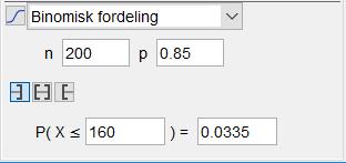 Hun ville teste nullhypotesen H : p 0,85 0 mot den alternative hypotesen H : p 0,85 1 Hun sådde derfor 00 frø. Det viste seg at 160 av frøene spirte.