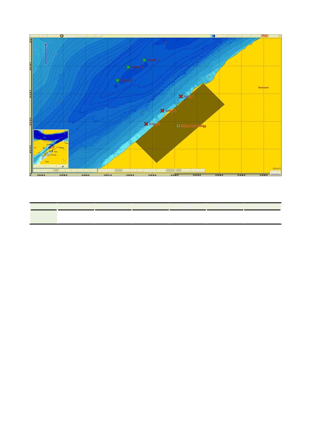 Figur 2: Oversiktskart som viser anleggsomriss, inntaks- og avløpspunkter. Geografisk senterpunkt for anleggets planlagte plassering er 66 16.192N, 13 10.017Ø. Kartkilde:Olex.