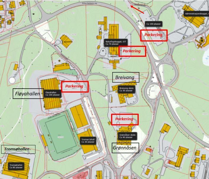 Parkering På grunn av bygging av Tromsøbadet er det svært begrensede parkeringsmuligheter ved Tromsøhallen. Disse plassene er kun for de med spesiell tillatelse, inklusive de med HC-bevis.