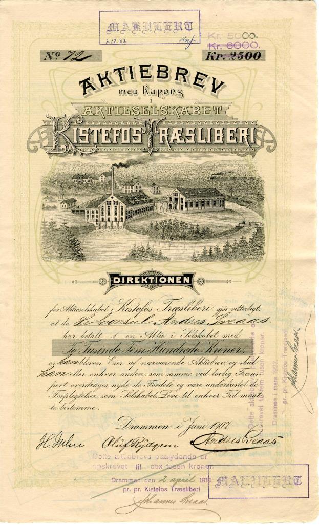 18 Norges Bank 1906, Nr 258 Kistefos Træsliberi