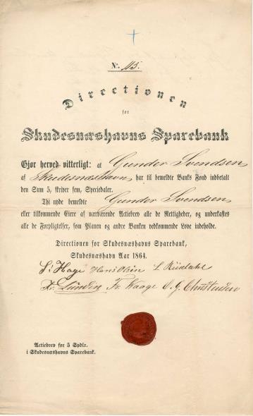 Brevet er ganske vanlig, men ikke stort mere enn tyve stk. er kjent i samlermarkedet. 15: Landmandsbanken, Sarpsborg, 1915 Banken ble stiftet i 1915 med en aksjekapital på kr 150 000-.