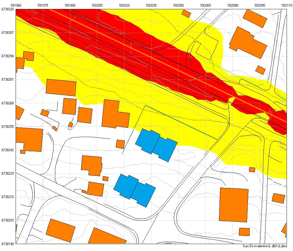 KART 4: KARTLEGGING AV STØY, LDEN 1.5M Beregningene viser at deler av byggene lengst nord ligger i gul støysone.