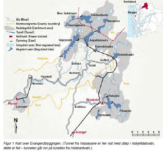 Raud stipling er fylkesgrensa. Eksisterande inntak i Holskardvatn på kote 796 skal brukast som inntak til Askjelldalen kraftverk.