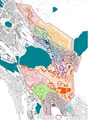 16 Skansemyren 17 Seiersbjerget / Nubben 18 Kalfaret 19 Starefossen 20 Svartediket 21 Fløen 22 Haukeland 23 Kronsminde 25 Kronstad nord 26 Kronstad sør 27 Vognstølen Registrert område i vedlagte