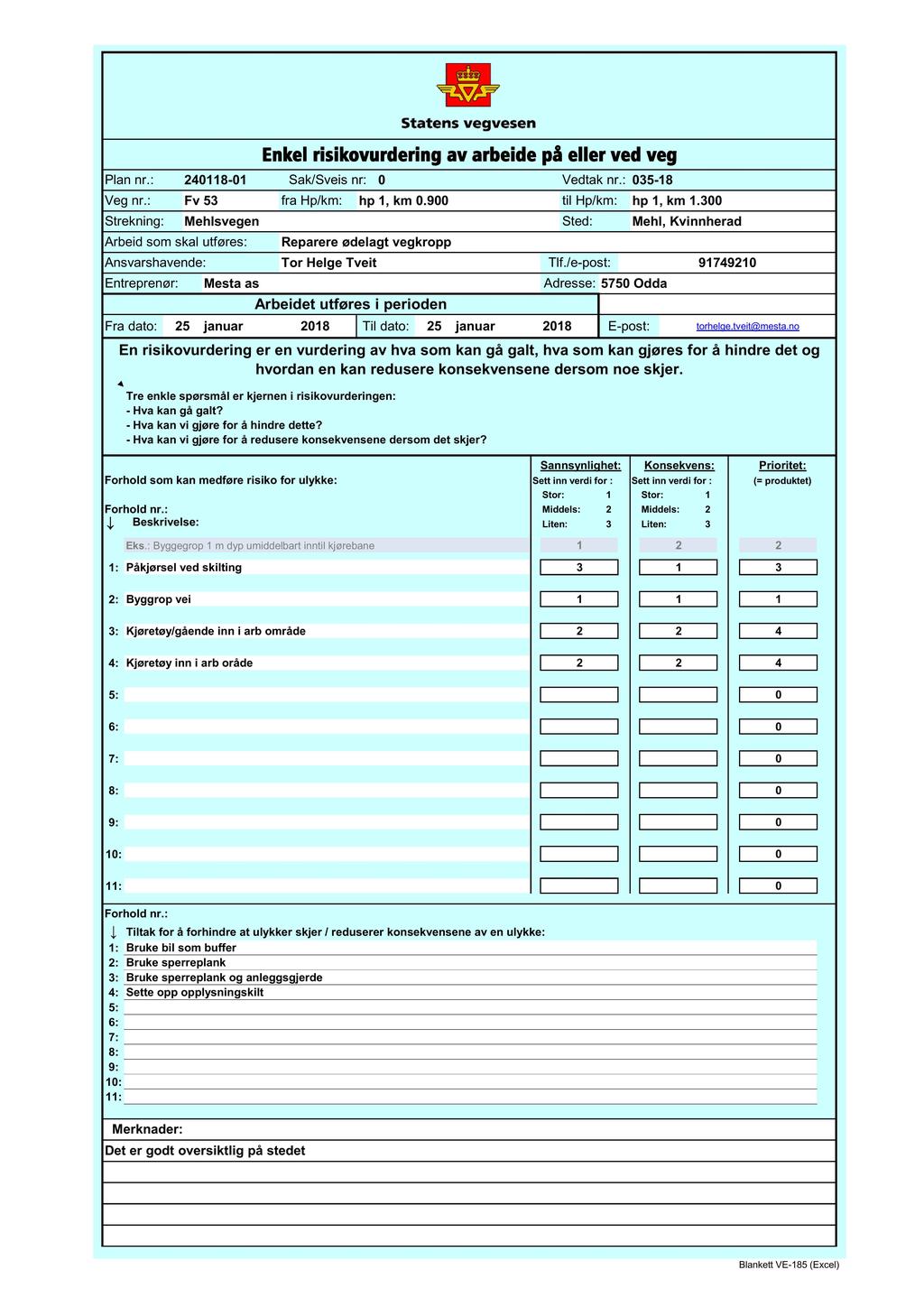 Plan nr.: 24118-1 Veg nr.: Strekning: Arbeid som skal utføres: Ansvarshavende: Entreprenør: Forhold nr.