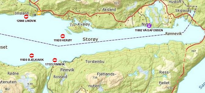 Akvakultur og smittehensyn 13344 Imslandsjøen 12966 Lindvik 11930 Bjelkavik 11920 Herøyk R/V 0003 Vågafossen Figur 12.