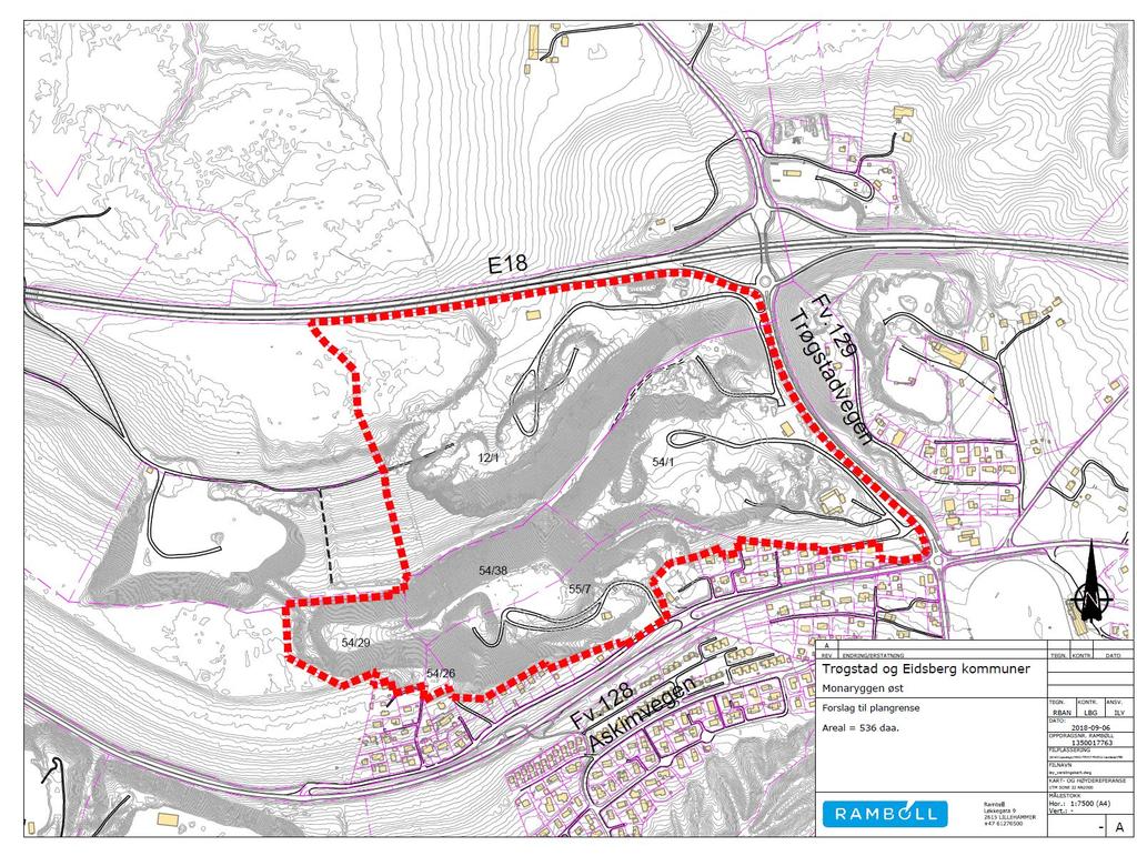 1.3 Planområde Planområdet foreslås avgrenset i nord mot E18, i øst mot FV 129 Trøgstadvegen, i sør mot eksisterende boligområde og i vest mot eiendomsgrensene.