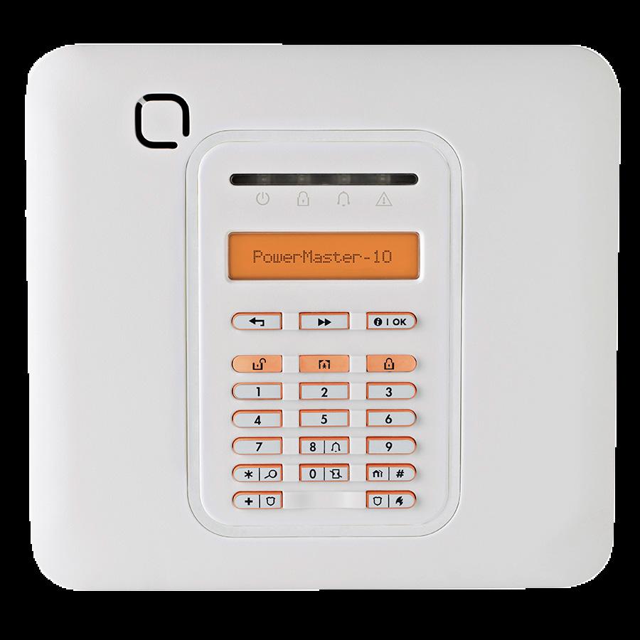 PowerMaster 10 alarmsentral Lysdiodeindikasjoner LCD-display Navigeringstaster for meny Tilkoblingstaster Manuell brannalarm (hold inne i 2 sek.) Nødalarm (hold inne i 2 sek.