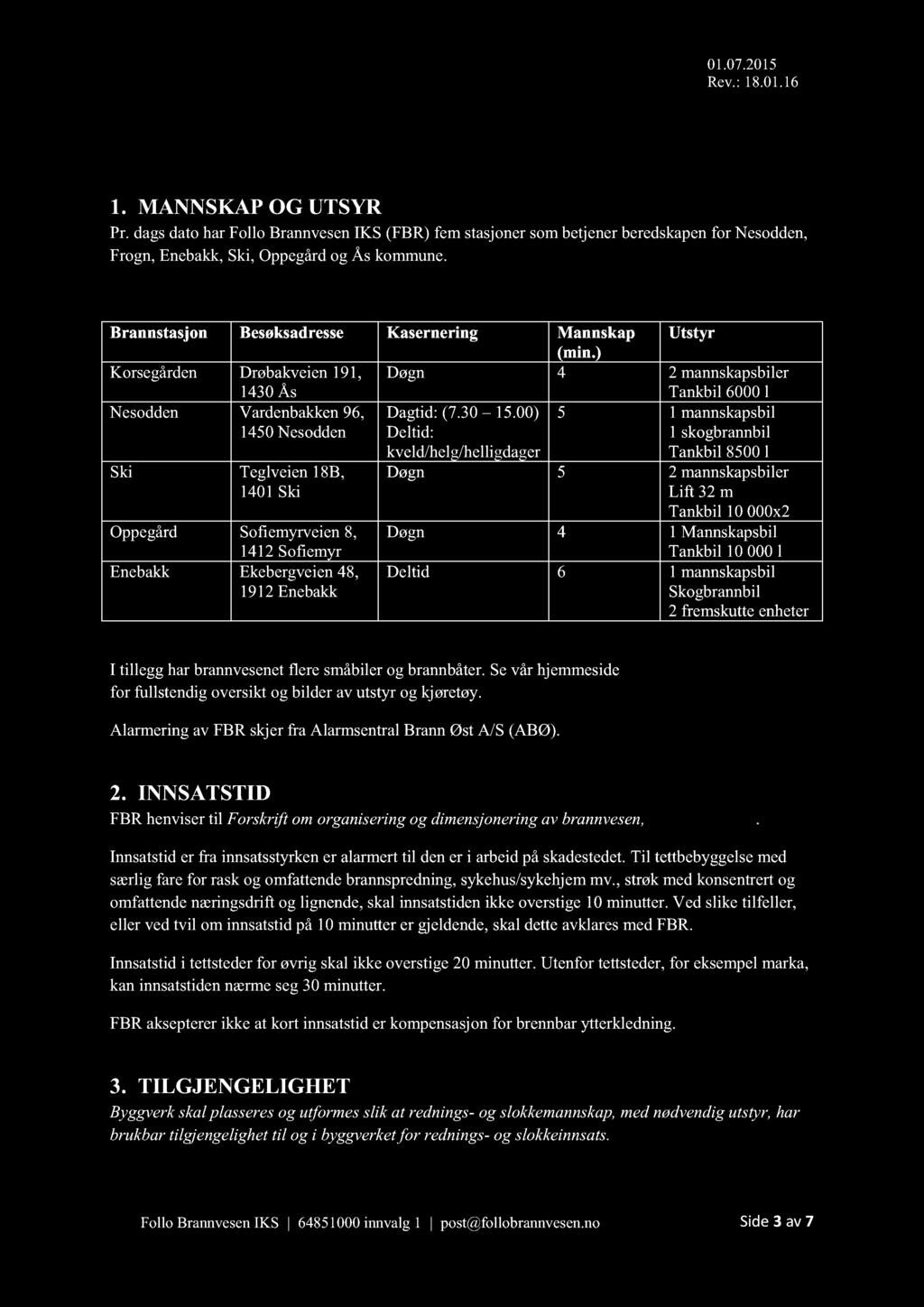 1. MANNSKAP OG UTSYR Pr. dags dato har Follo Brannvesen IKS (FBR) fem stasjoner som betjener beredskapen for Nesodden, Frogn, Enebakk, Ski, Oppegård og Ås kommune.