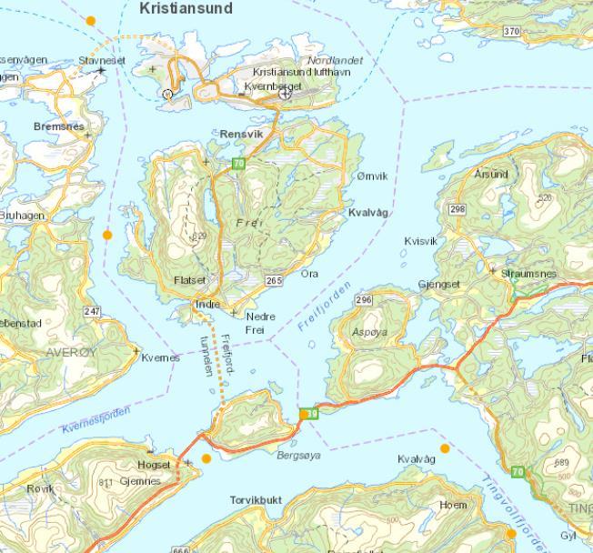 Side 7 Naturbase, oransje punkt er kjente korallrev.