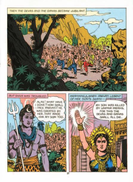 Ganesha utdrag ØVRE STRIPE Gudene og flokken av småguder jublet. 214 NEDRE STRIPE Men Shiva var bekymret. Å nei! Hva har jeg gjort? Hvordan skal jeg kunne møte Parvati nå?