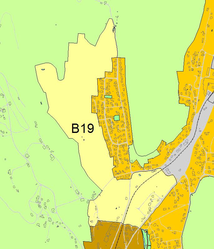 B19 Lone Arna 1:8000 Kort beskrivelse Område B19 er på 440 daa og inneholder 10 eneboliger, 1 to-mannsbolig og ett bedehus. Boligområdet er ikke i tråd med kommunens fortettingsstrategi.