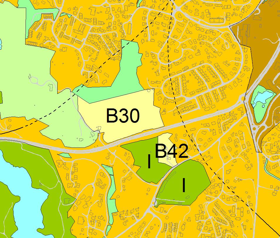 B30 og B42 Rådal Fana 1:5000 Kort beskrivelse Område B30 er på 59 daa og inneholder 1 enebolig. Område B42 er på 10 daa og inneholder et gårdstun.