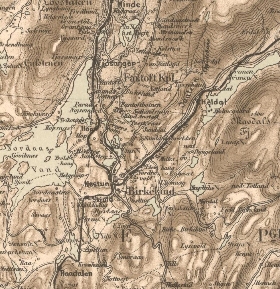 Figur 5 Kartutsnitt fra rektangelkart datert 1873. Statens kartverk Ut fra figur 5 ser en voksende tettbebyggelse ved Nesttun, og dagens veger er etablerte.
