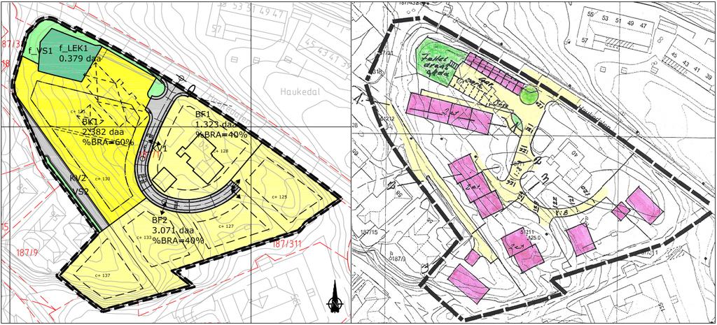 Figur 3:Utsnitt fra plankart (vedlegg A) og illustrasjonsplan (vedlegg E), som viser høyder i terreng innenfor forslagets byggegrenser og planlagt plassering av bebyggelse.