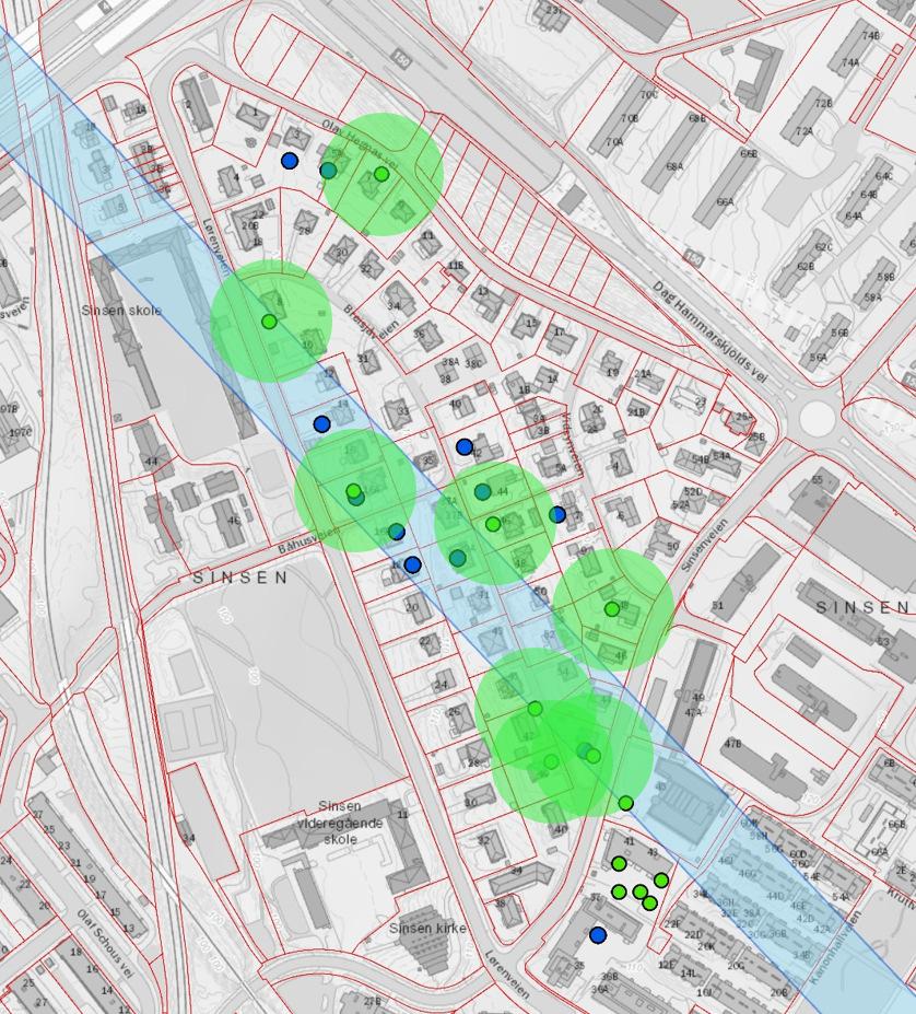 Eksisterende energibrønner For de eksisterende energibrønnene langs omsøkt tunneltrasé i Sinsen Hageby, ligger 1 av 8 i direkte konflikt med tunnelen, gitt at brønnene er vertikale.