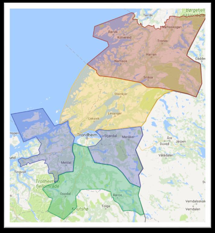 få reiser på tvers av dette skillet. I denne modellen er hele tidligere Sør-Trøndelag med i samme anbudsområde, unntatt Fosen og Værnesregion-kommunene Selbu og Tydal.
