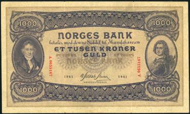 1297 1000 kroner 1940, serie A.0617263. 1/1-7 000,- 1298 1000 kroner 1941, serie A.0655167.